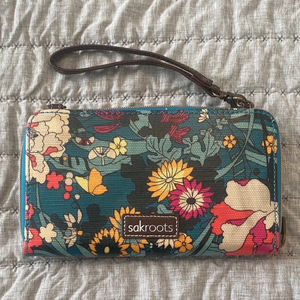 Sakroots Teal and Floral Wristlet